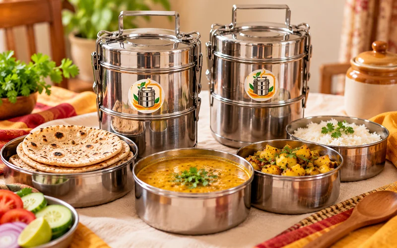 Two RK Tiffin Center tiffins for lunch and dinner with roti, dal, sabzi and rice