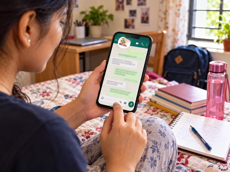 Student booking an RK Tiffin Center monthly plan on WhatsApp from a hostel room in Bhopal