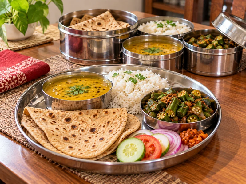 Home-style meal of roti, moong dal, bhindi and rice served from an RK Tiffin Center tiffin