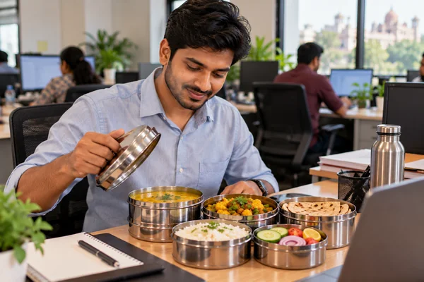 Office worker opening a hot lunch tiffin at a desk near New Market, Bhopal