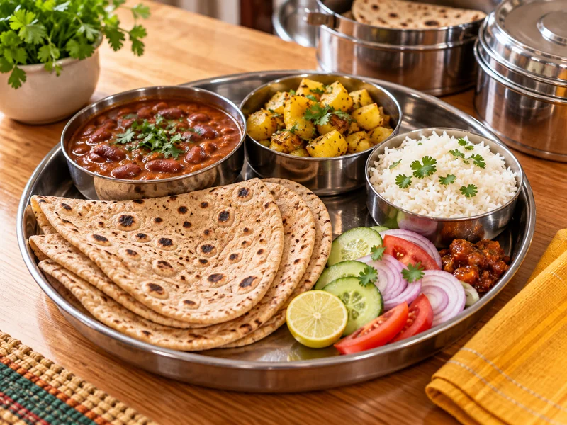 RK Tiffin Center meal laid out: four rotis, rajma, jeera aloo, rice and salad