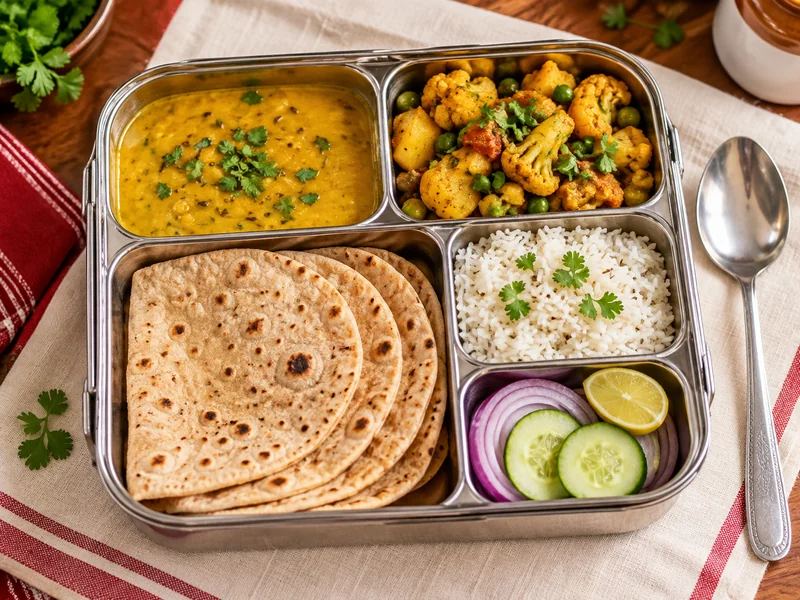 Open RK Tiffin Center lunch box with four rotis, arhar dal, aloo gobhi, rice and cut salad