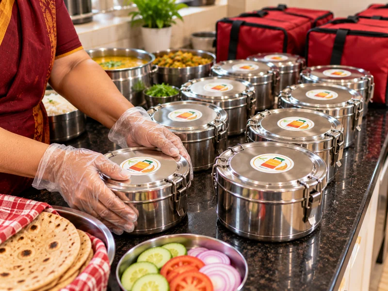 Sealed lunch tiffins lined up for delivery at the RK Tiffin Center kitchen, Gitanjali Chauraha