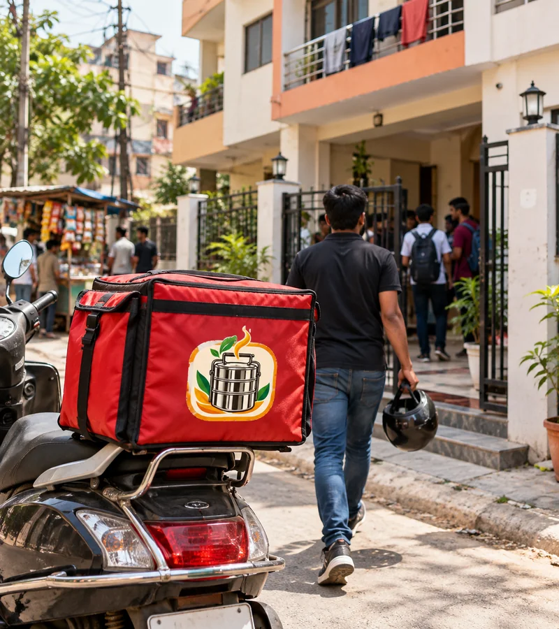 RK Tiffin Center delivery bag on a scooter outside a student hostel in Kotra Sultanabad, Bhopal