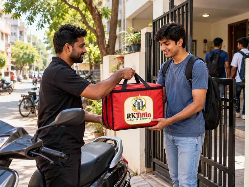 RK Tiffin Center delivery bag being handed over at a student hostel gate near Mata Mandir, Bhopal