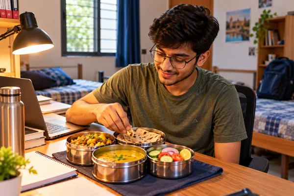 Engineering student eating a home-cooked tiffin in a shared room near MANIT, Bhopal