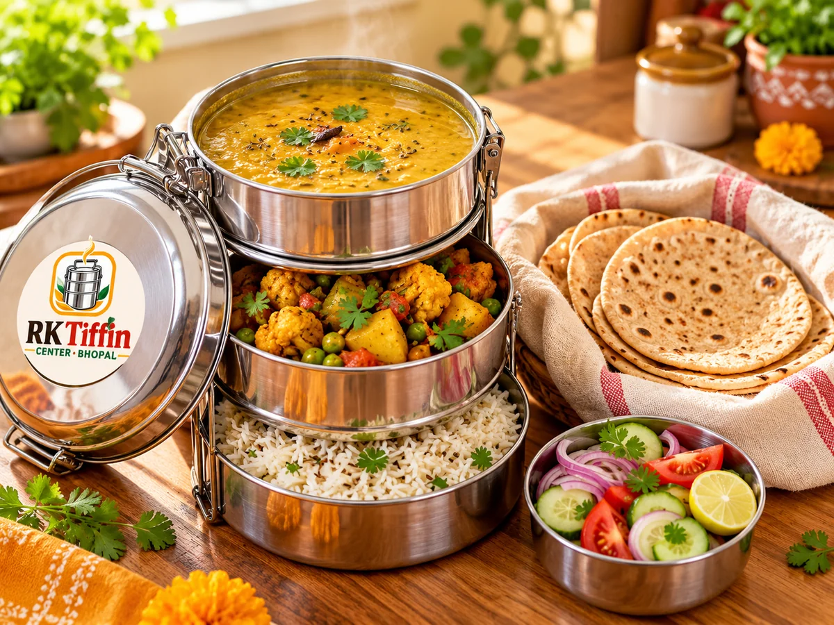 Steel tiffin with roti, dal, sabzi and rice packed at RK Tiffin Center for delivery in TT Nagar, Bhopal
